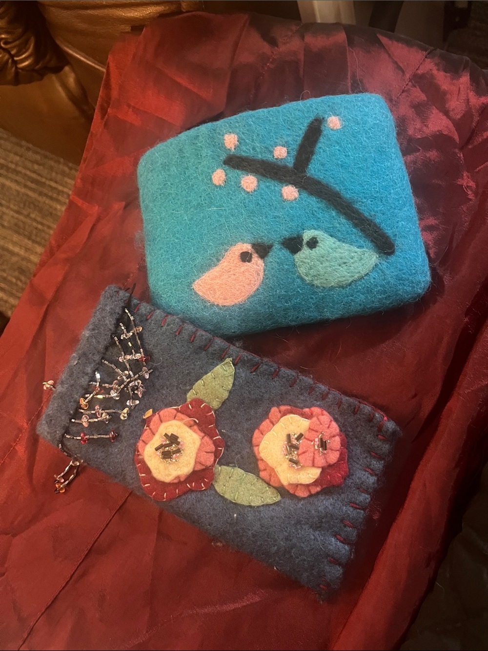 Handmade Blue Felt Kids Wallet with Birds and glass case with embellishments 10